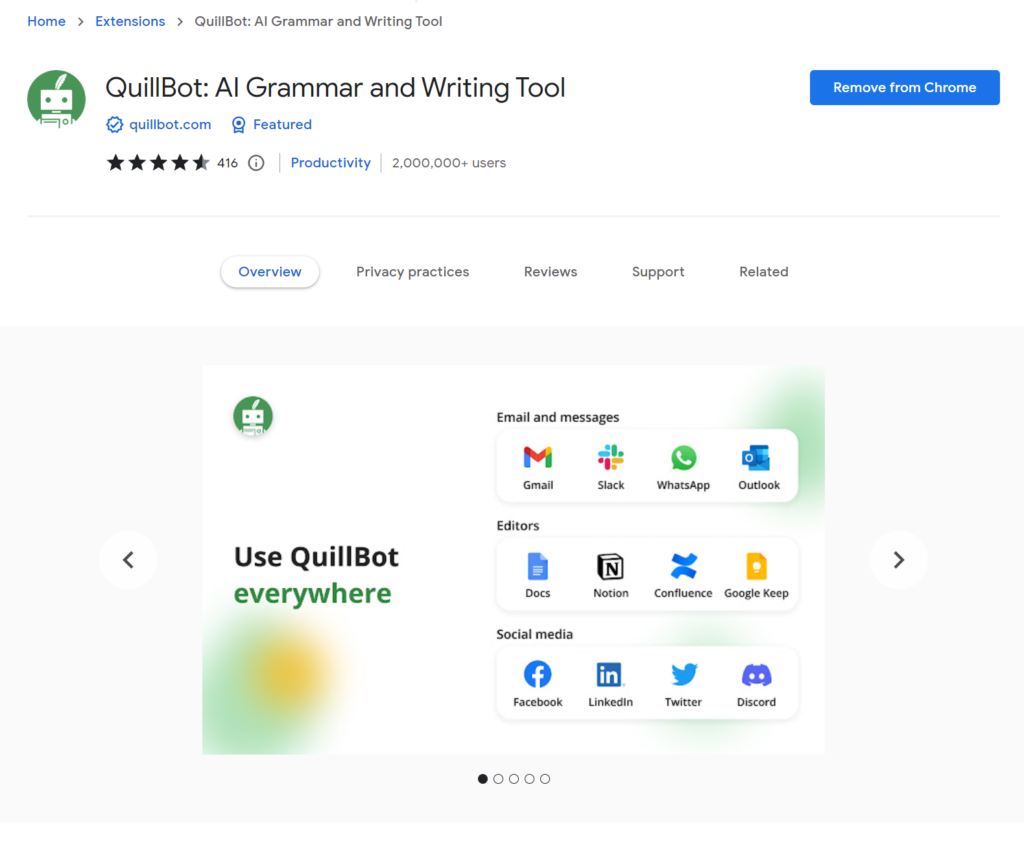 example of the google chrome extension for quillbot